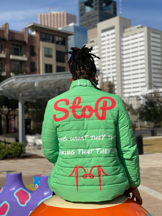 “Stop Caring” Puffer Jacket (Lime Green)